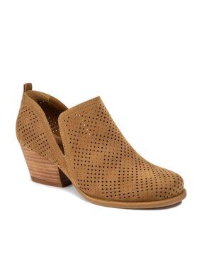 Baretraps Perforated Tan Suede Block Heel Booties | Rizzo